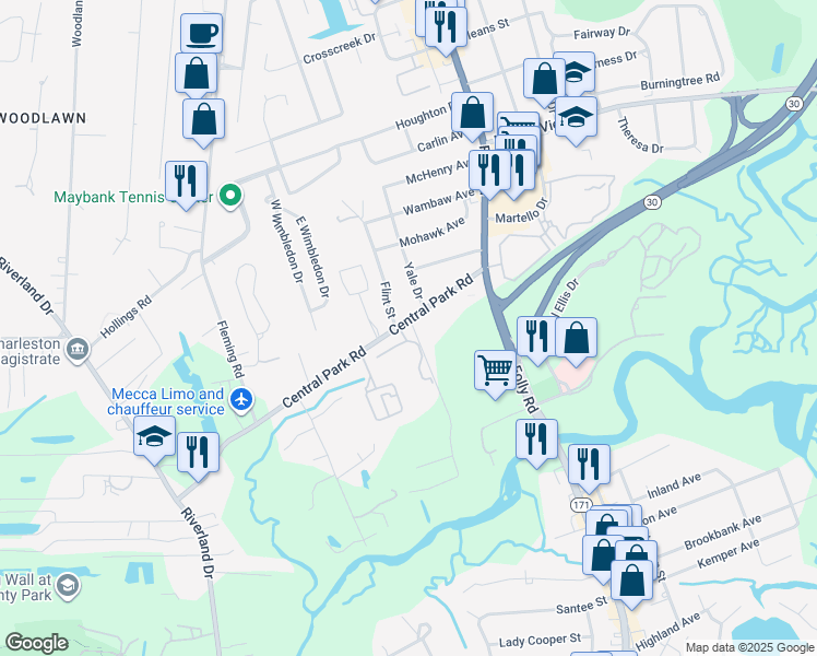 map of restaurants, bars, coffee shops, grocery stores, and more near 1756 Central Park Road in Charleston