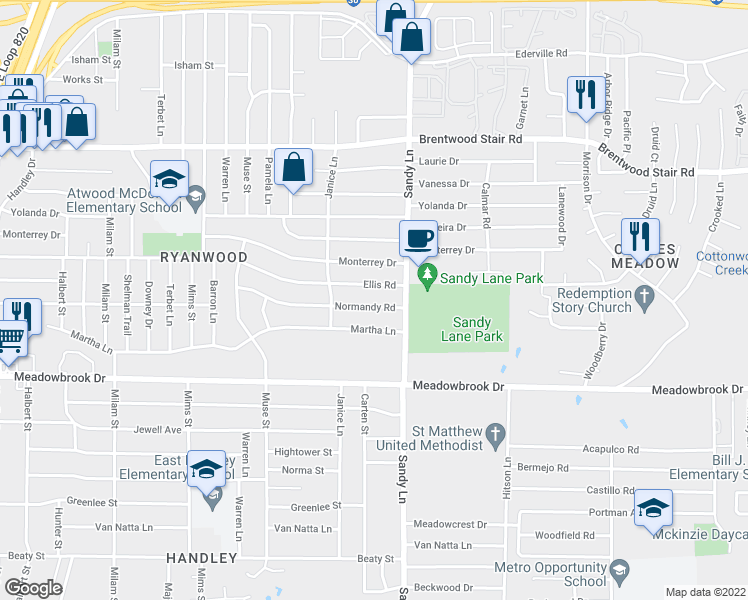 map of restaurants, bars, coffee shops, grocery stores, and more near 7325 Ellis Road in Fort Worth