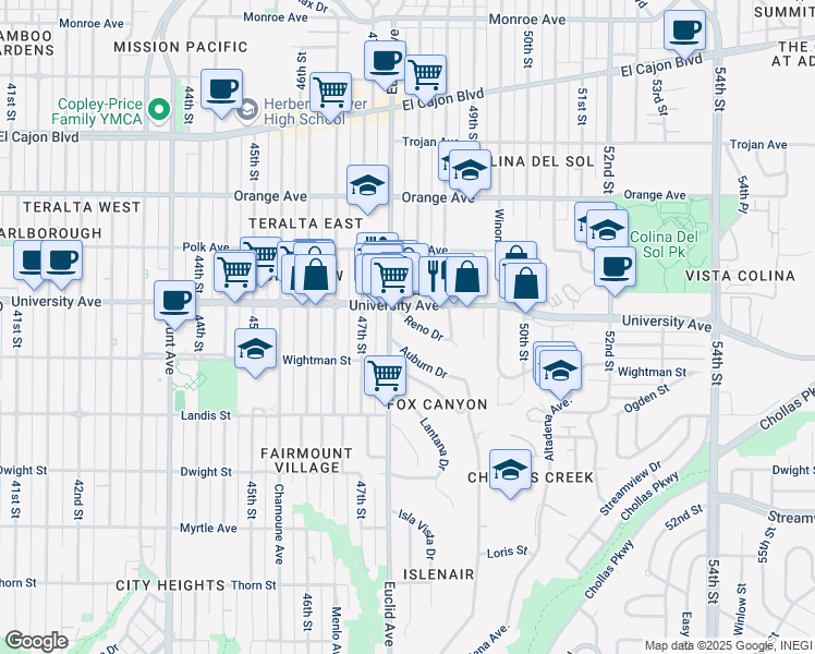map of restaurants, bars, coffee shops, grocery stores, and more near 4771 University Avenue in San Diego