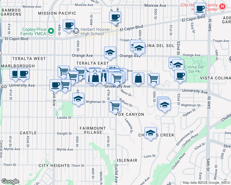 map of restaurants, bars, coffee shops, grocery stores, and more near 4711 University Avenue in San Diego