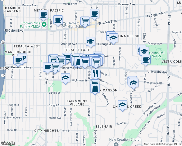 map of restaurants, bars, coffee shops, grocery stores, and more near 4711 University Avenue in San Diego