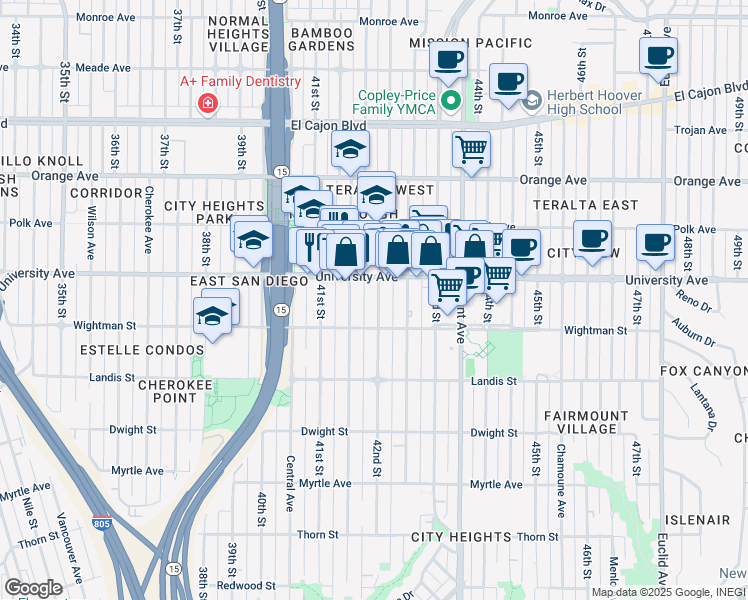 map of restaurants, bars, coffee shops, grocery stores, and more near in San Diego