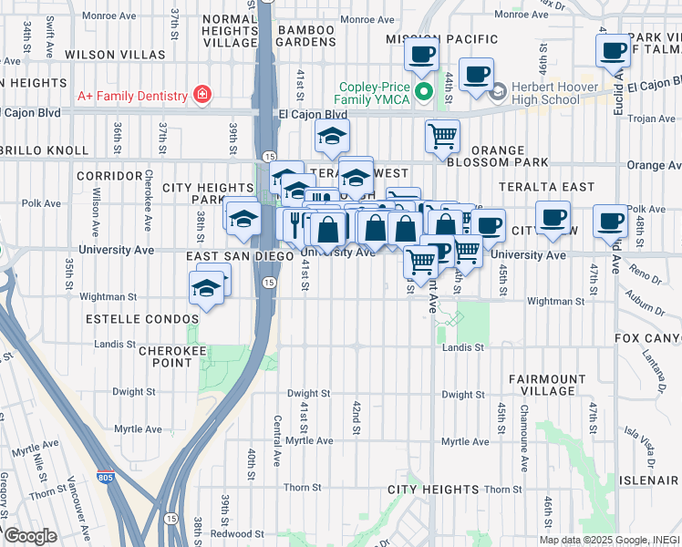 map of restaurants, bars, coffee shops, grocery stores, and more near in San Diego