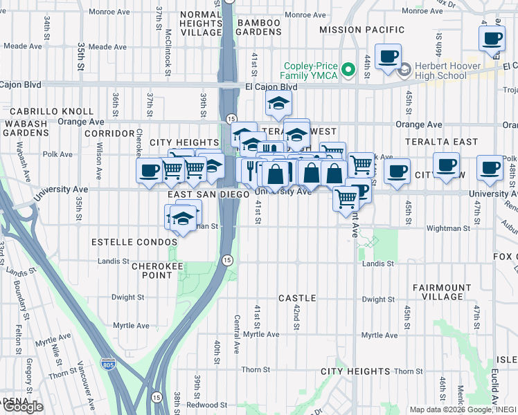 map of restaurants, bars, coffee shops, grocery stores, and more near 4144 University Avenue in San Diego
