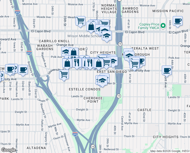 map of restaurants, bars, coffee shops, grocery stores, and more near 3721 University Avenue in San Diego