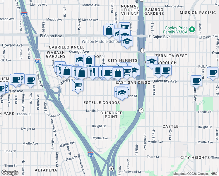map of restaurants, bars, coffee shops, grocery stores, and more near 3661 University Avenue in San Diego