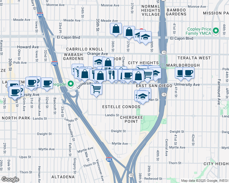 map of restaurants, bars, coffee shops, grocery stores, and more near 3615 University Avenue in San Diego