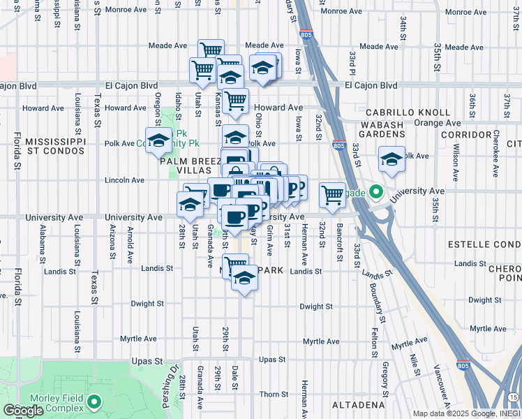 map of restaurants, bars, coffee shops, grocery stores, and more near 3951 Ohio Street in San Diego