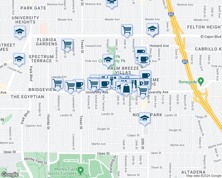 map of restaurants, bars, coffee shops, grocery stores, and more near 3955 Oregon Street in San Diego