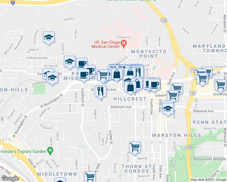 map of restaurants, bars, coffee shops, grocery stores, and more near 3972 Albatross Street in San Diego