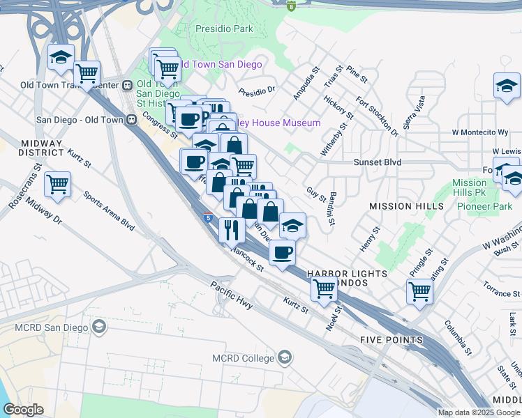 map of restaurants, bars, coffee shops, grocery stores, and more near 2250-2296 Congress Street in San Diego