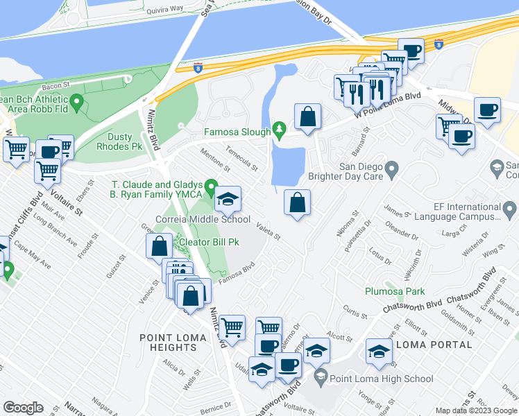 map of restaurants, bars, coffee shops, grocery stores, and more near 4245 Mentone Street in San Diego