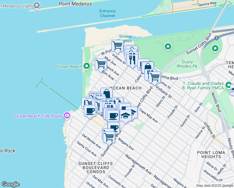 map of restaurants, bars, coffee shops, grocery stores, and more near in San Diego