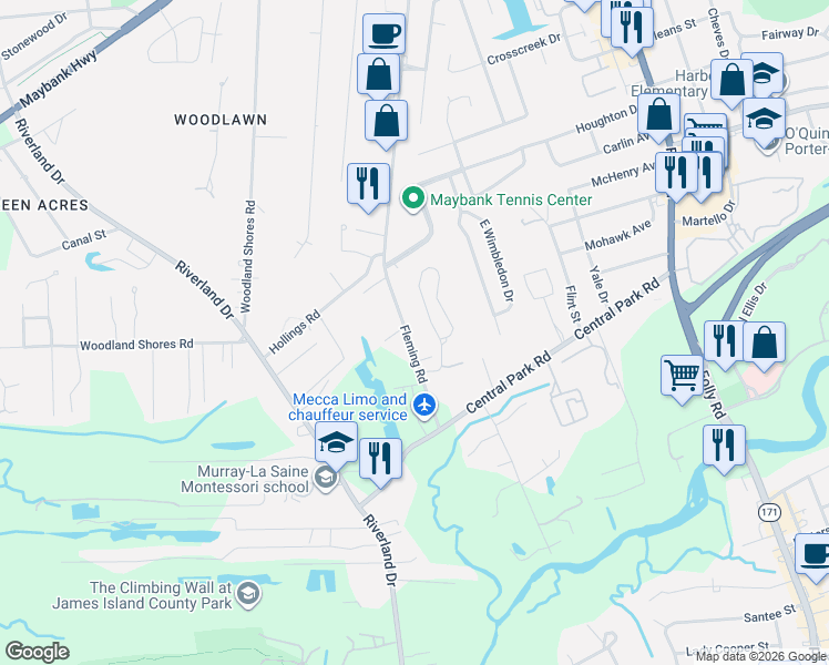 map of restaurants, bars, coffee shops, grocery stores, and more near 527 Fleming Road in Charleston