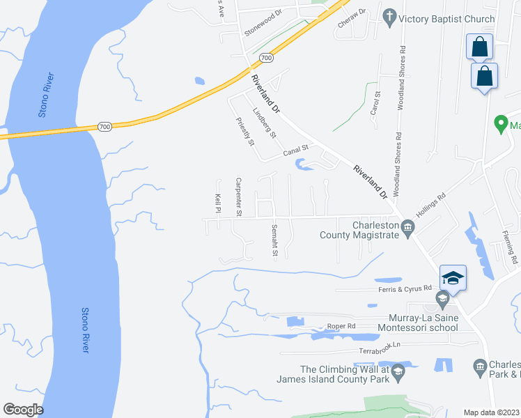 map of restaurants, bars, coffee shops, grocery stores, and more near 519 Rainsong Drive in Charleston