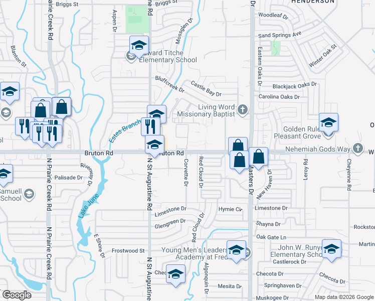 map of restaurants, bars, coffee shops, grocery stores, and more near 9797 Bruton Road in Dallas