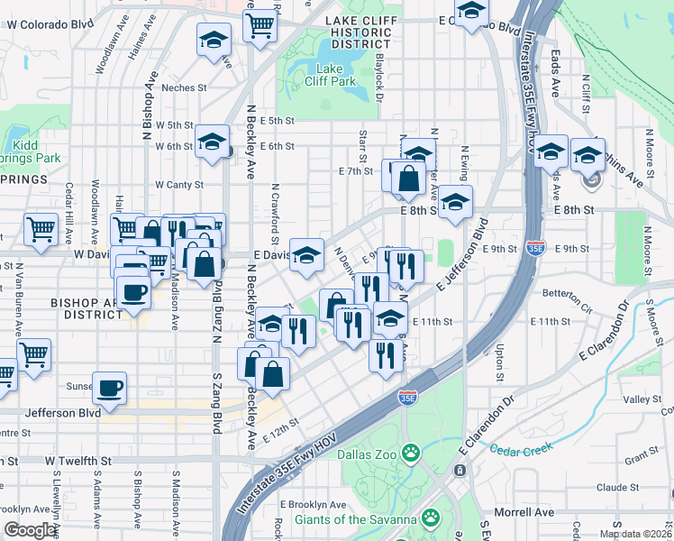 map of restaurants, bars, coffee shops, grocery stores, and more near 225 North Denver Street in Dallas