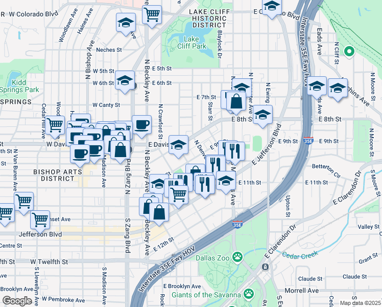 map of restaurants, bars, coffee shops, grocery stores, and more near 225 North Denver Street in Dallas