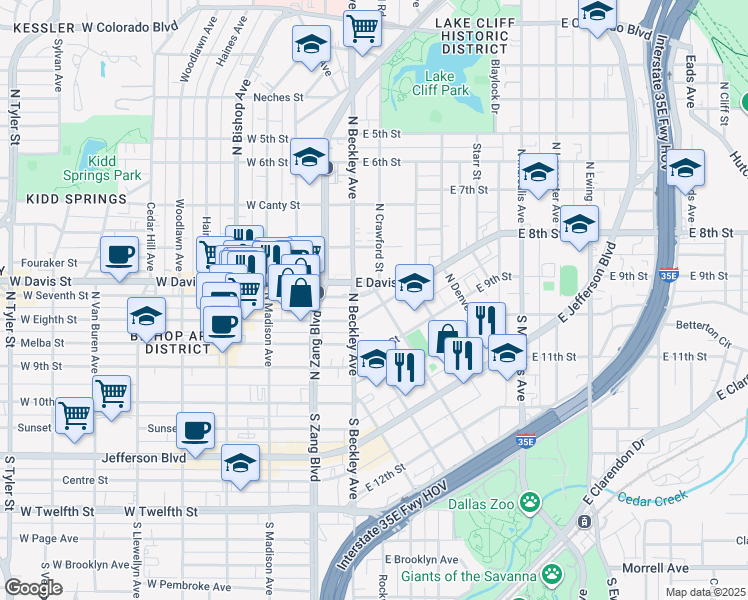 map of restaurants, bars, coffee shops, grocery stores, and more near 152 East Davis Street in Dallas