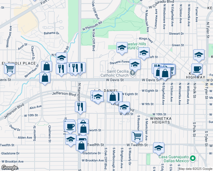 map of restaurants, bars, coffee shops, grocery stores, and more near 427 North Marlborough Avenue in Dallas