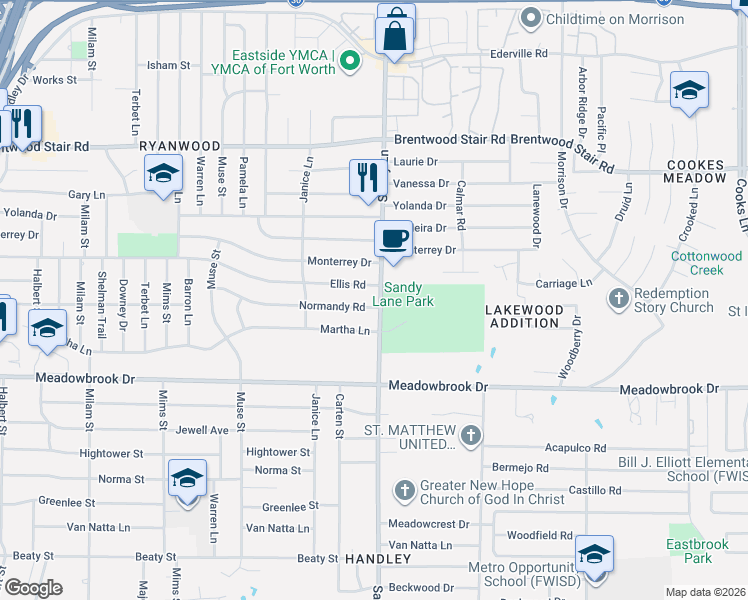 map of restaurants, bars, coffee shops, grocery stores, and more near 1959 Sandy Lane in Fort Worth