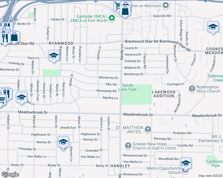 map of restaurants, bars, coffee shops, grocery stores, and more near 7325 Ellis Road in Fort Worth