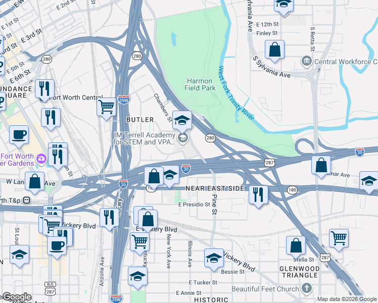map of restaurants, bars, coffee shops, grocery stores, and more near 1817 I M Terrell Way in Fort Worth