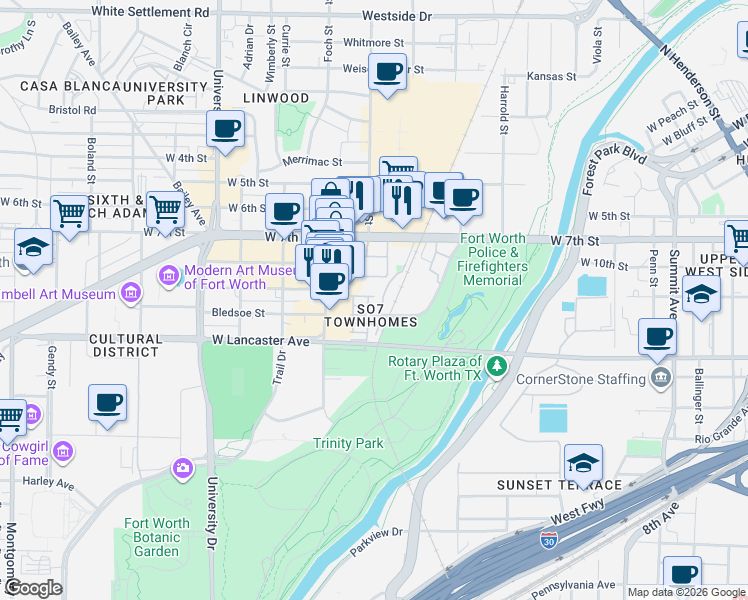 map of restaurants, bars, coffee shops, grocery stores, and more near 2605 Iron Horse Lane in Fort Worth
