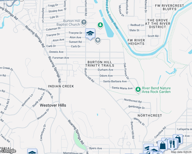 map of restaurants, bars, coffee shops, grocery stores, and more near 5621 Durham Avenue in Fort Worth