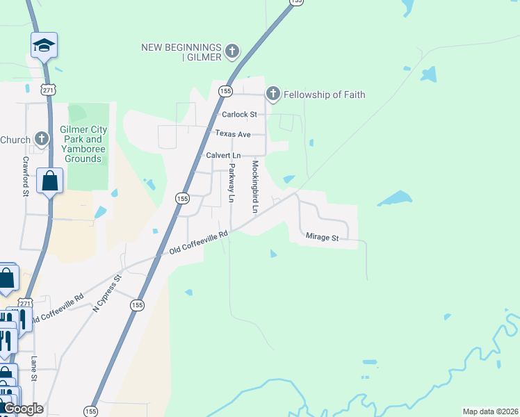 map of restaurants, bars, coffee shops, grocery stores, and more near 1107 Old Coffeeville Road in Gilmer