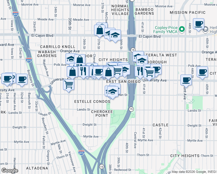 map of restaurants, bars, coffee shops, grocery stores, and more near 3846 38th Street in San Diego