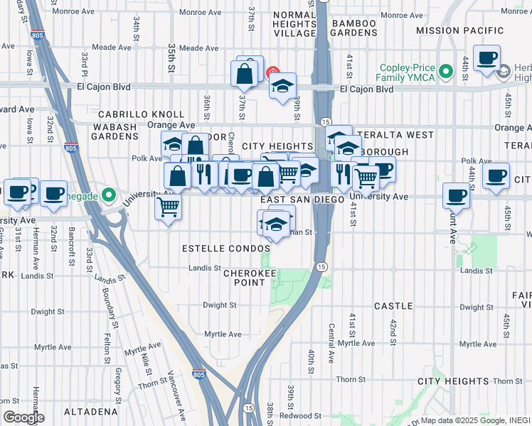 map of restaurants, bars, coffee shops, grocery stores, and more near 3846 38th Street in San Diego