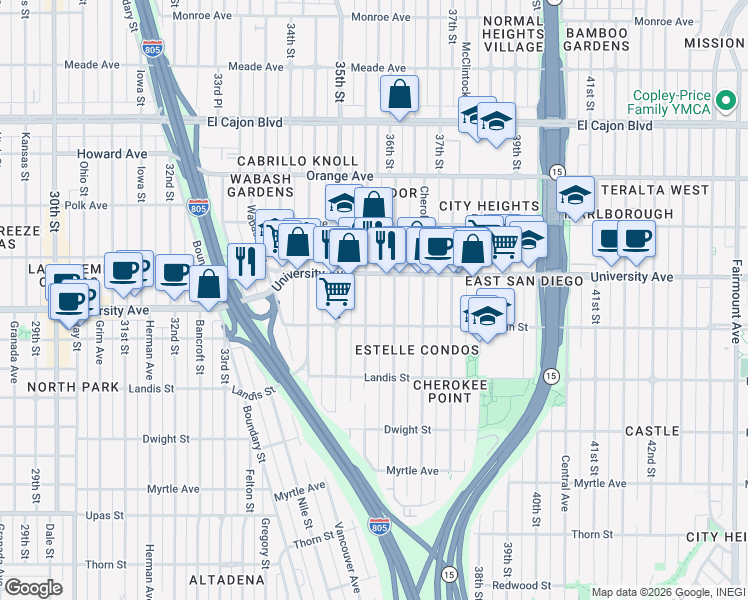 map of restaurants, bars, coffee shops, grocery stores, and more near 3649 Wilson Avenue in San Diego