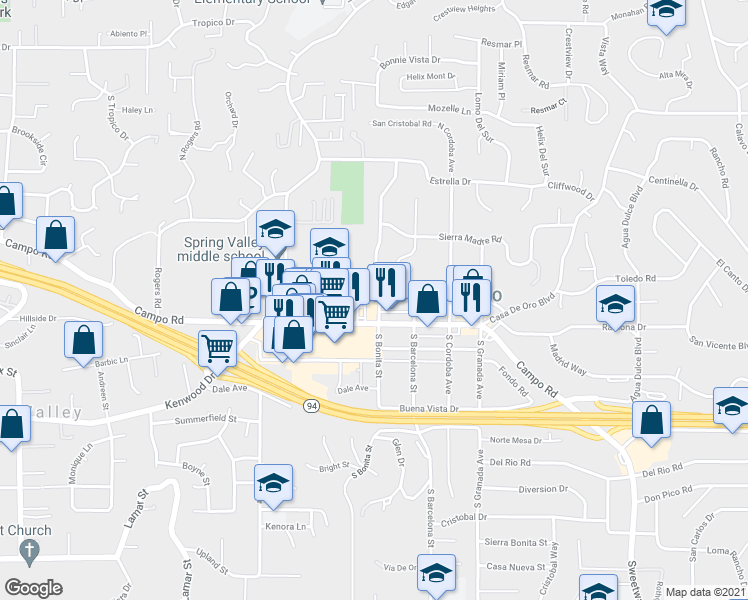 map of restaurants, bars, coffee shops, grocery stores, and more near San Juan Street in Spring Valley
