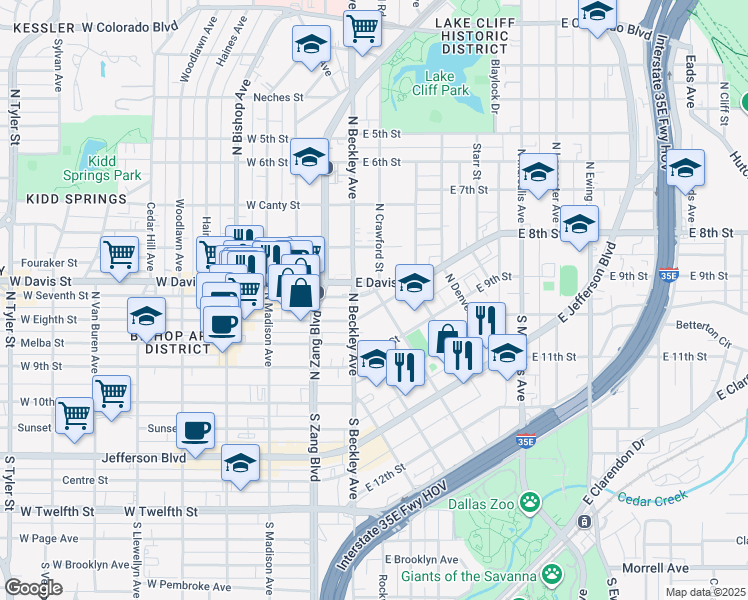 map of restaurants, bars, coffee shops, grocery stores, and more near 152 East Davis Street in Dallas