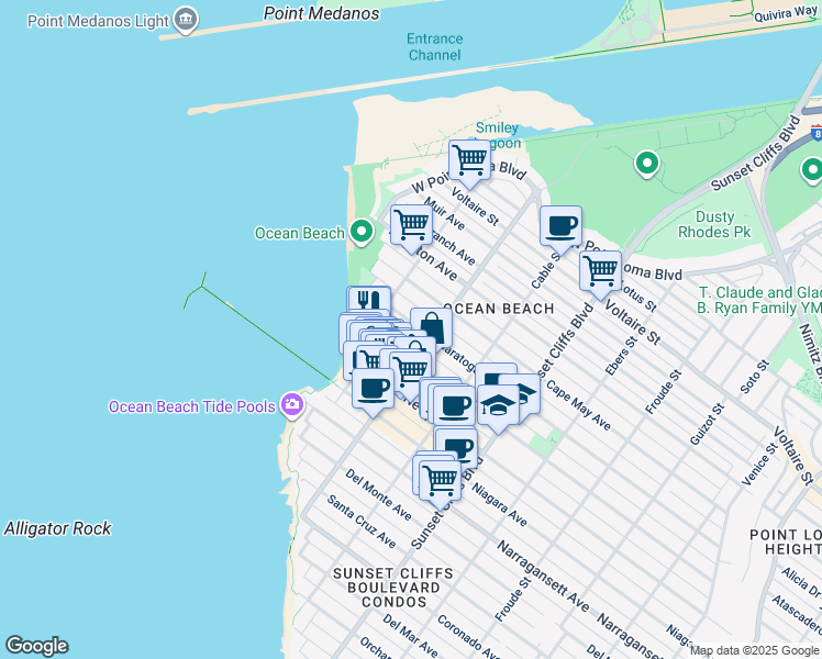 map of restaurants, bars, coffee shops, grocery stores, and more near 5060 Saratoga Avenue in San Diego