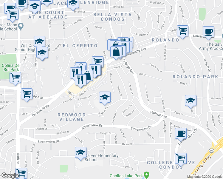 map of restaurants, bars, coffee shops, grocery stores, and more near 3850 Marron Street in San Diego