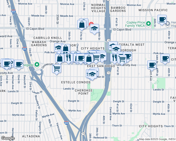 map of restaurants, bars, coffee shops, grocery stores, and more near 3846 38th Street in San Diego