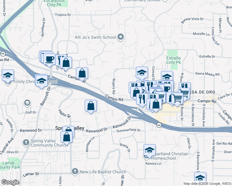 map of restaurants, bars, coffee shops, grocery stores, and more near 3849 Rogers Road in Spring Valley