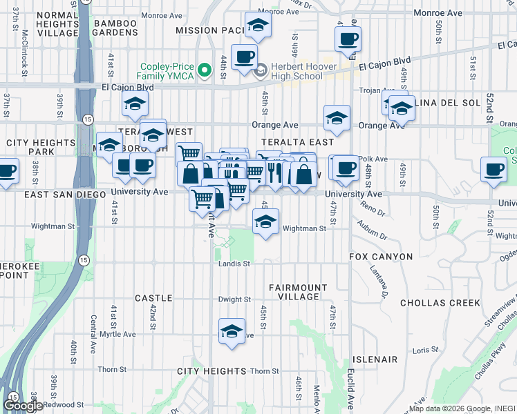map of restaurants, bars, coffee shops, grocery stores, and more near 4503 University Avenue in San Diego