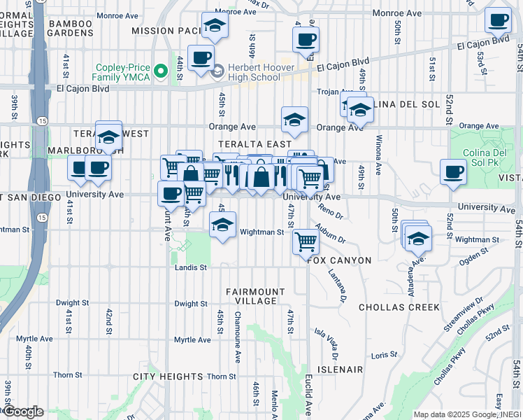 map of restaurants, bars, coffee shops, grocery stores, and more near 4647 University Avenue in San Diego