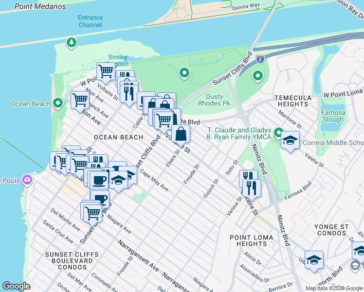 map of restaurants, bars, coffee shops, grocery stores, and more near Voltaire Street & Ebers Street in San Diego