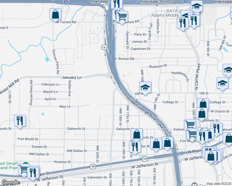 map of restaurants, bars, coffee shops, grocery stores, and more near 2 Northwest 19th Street in Grand Prairie