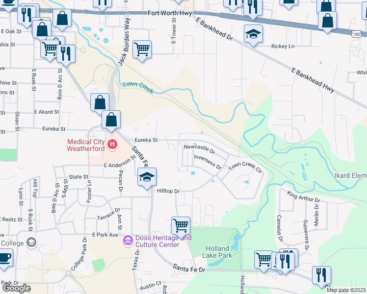 map of restaurants, bars, coffee shops, grocery stores, and more near 1121 Newcastle Drive in Weatherford