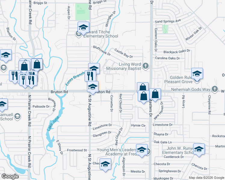 map of restaurants, bars, coffee shops, grocery stores, and more near 9797 Bruton Road in Dallas