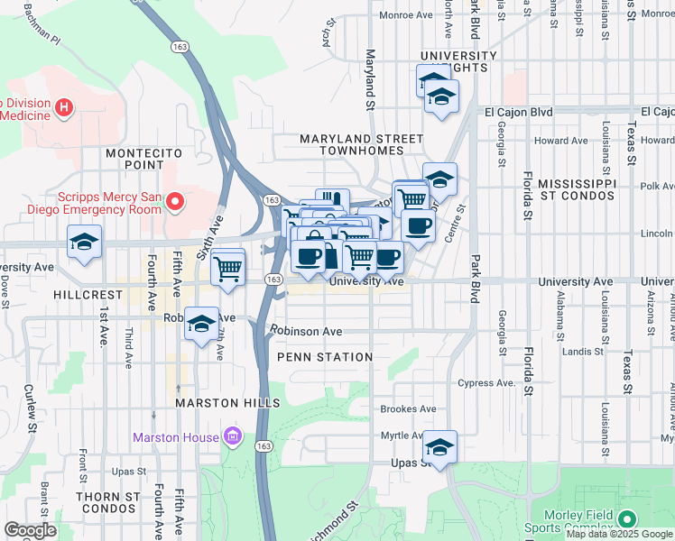 map of restaurants, bars, coffee shops, grocery stores, and more near 1220 Cleveland Avenue in San Diego