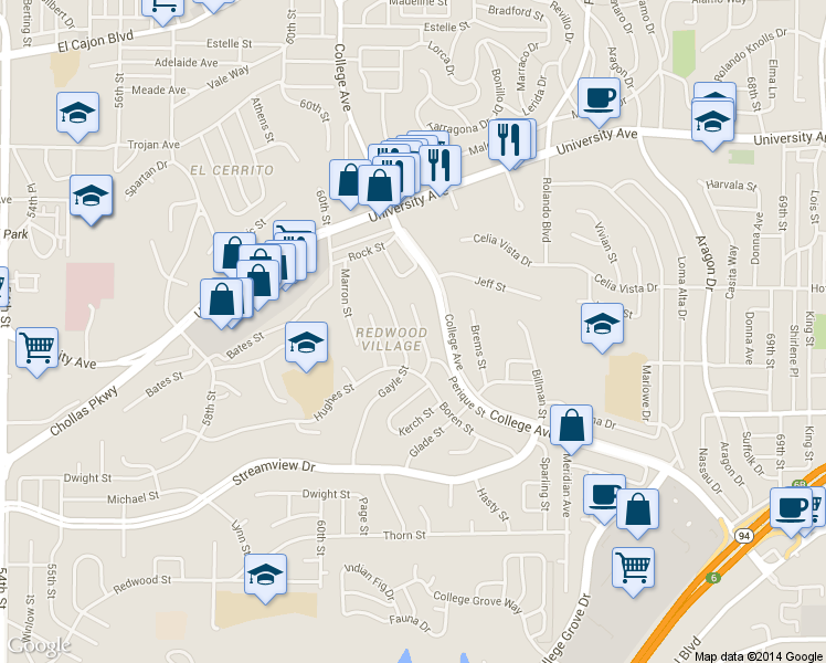 map of restaurants, bars, coffee shops, grocery stores, and more near 3842 Boren Street in San Diego