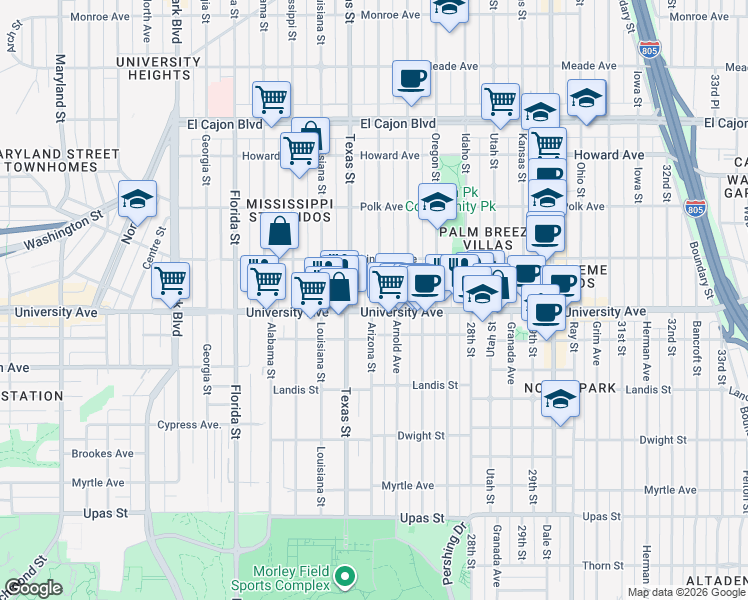 map of restaurants, bars, coffee shops, grocery stores, and more near 3918 Arizona Street in San Diego