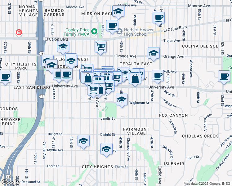 map of restaurants, bars, coffee shops, grocery stores, and more near 3863 Highland Avenue in San Diego