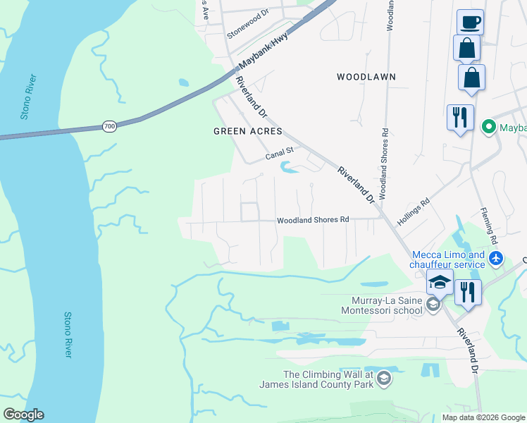 map of restaurants, bars, coffee shops, grocery stores, and more near 519 Rainsong Drive in Charleston
